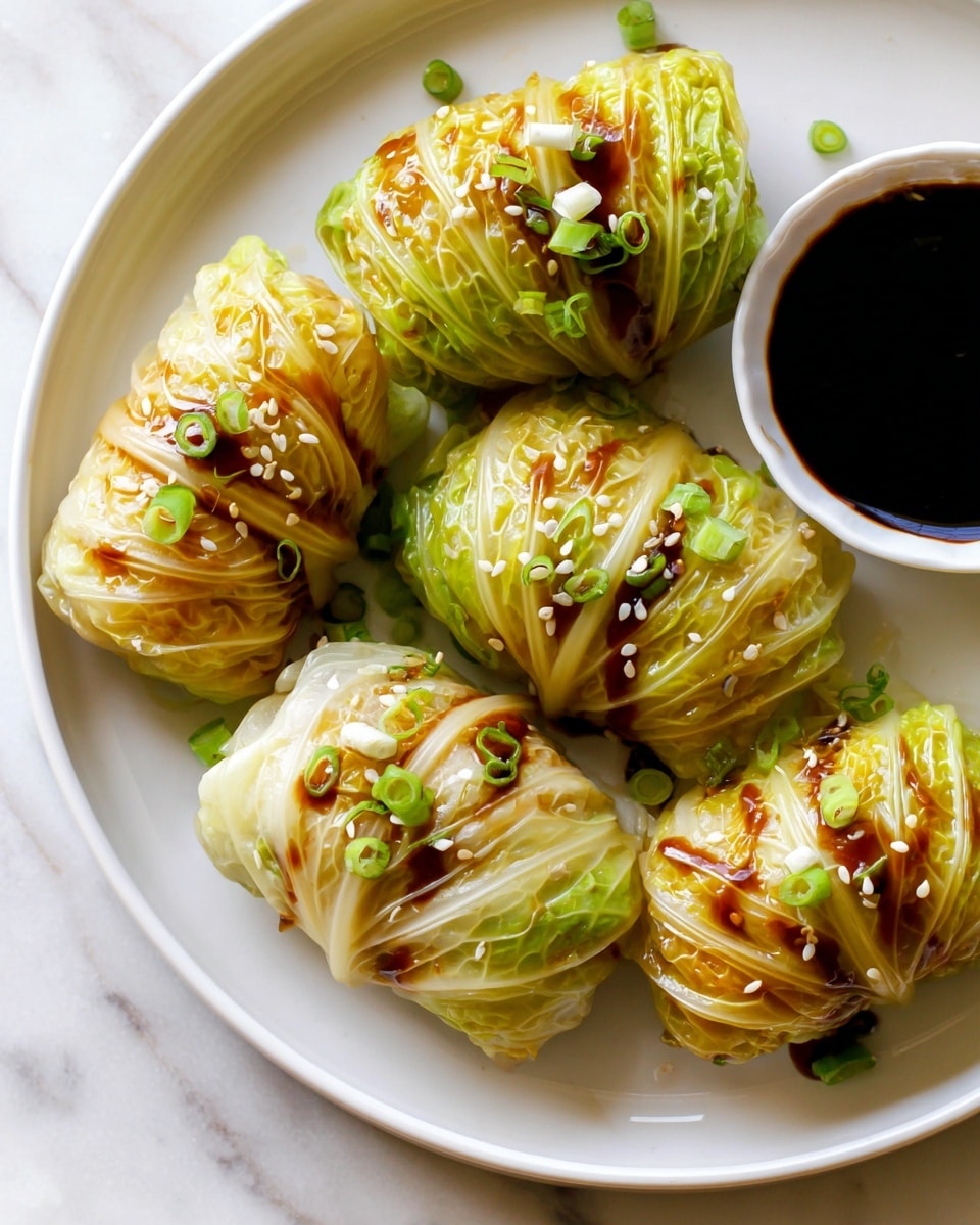 The image shows four tightly rolled cabbage wraps on a white round plate. Each wrap has multiple layers of cabbage with a light green and slightly translucent texture, browned and glazed on the outside. The wraps are sprinkled with white sesame seeds and small pieces of chopped green onion on top. Two small white bowls filled with dark soy sauce sit to the right side of the plate. The plate is set on a white marbled surface with some scattered green onion pieces around it. photo taken with an iphone --ar 4:5 --v 7
