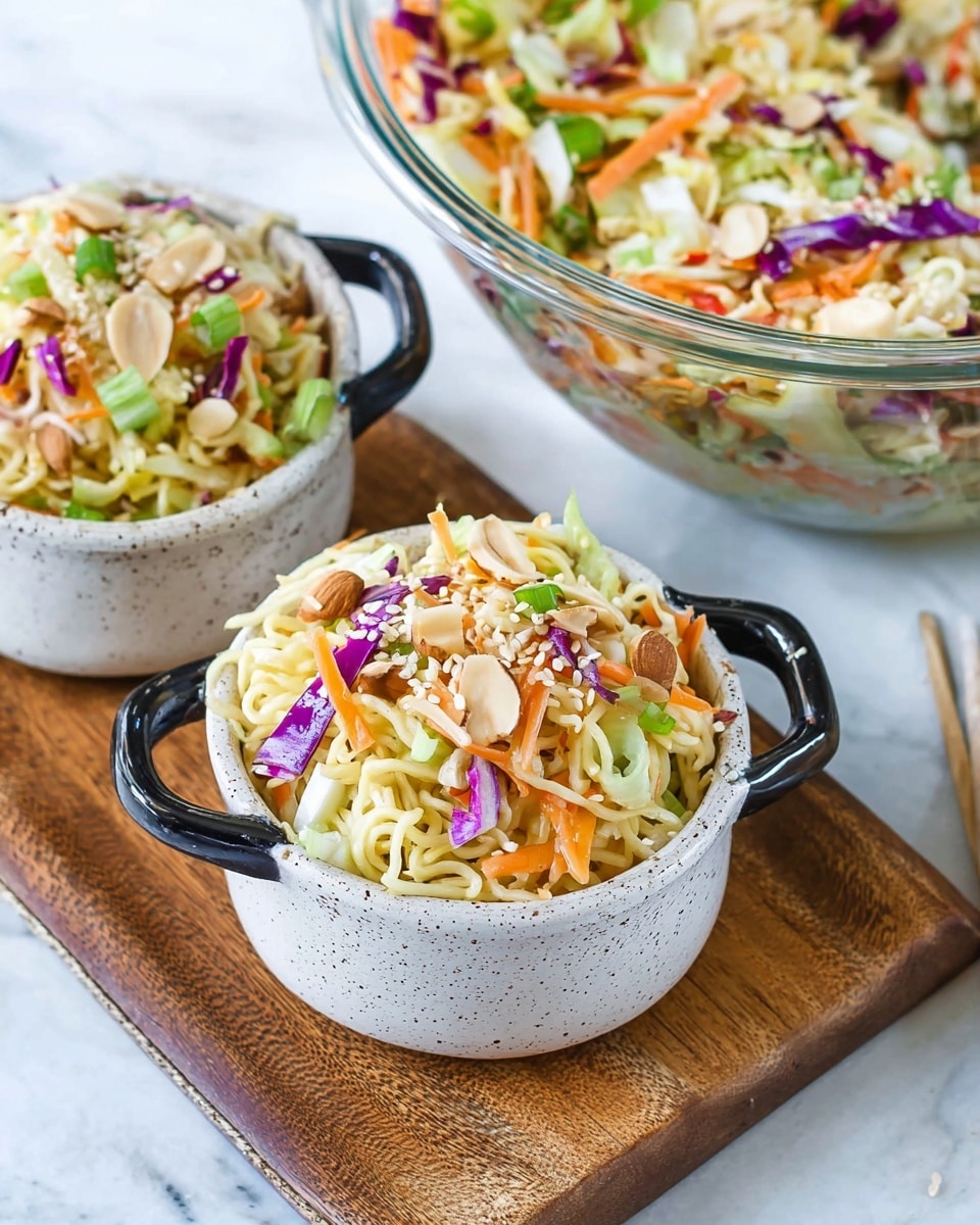 A clear glass bowl filled with a colorful layered salad sits on a white marbled surface. The salad has multiple layers including light yellow crunchy ramen noodles, shredded green and purple cabbage, thin orange carrot strips, sliced green onions, and chopped almonds scattered on top. Around the bowl, there is a wooden bowl with white sesame seeds, a small wooden bowl with chopped green onions, and silver utensils to the side, all placed on white marbled texture. photo taken with an iphone --ar 4:5 --v 7