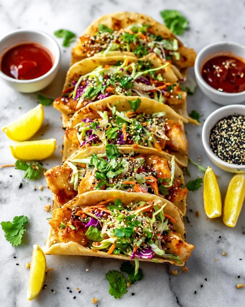 The image shows a row of small, golden-brown taco-shaped shells filled with pieces of cooked chicken at the bottom, topped with a mix of shredded green and purple cabbage, and fresh green cilantro leaves. The shells have a slightly crispy texture with small bubbles on their surface. Around the tacos, there are bright yellow lemon wedges and two small white bowls—one filled with a reddish-orange dipping sauce and the other with a sesame seed mix. The tacos and bowls are placed on a white marbled textured surface, with some sesame seeds scattered lightly around for decoration. Photo taken with an iphone --ar 4:5 --v 7