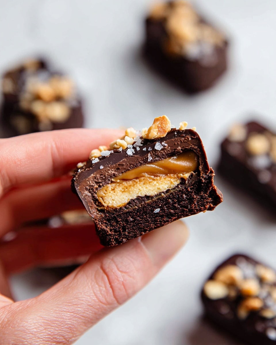 A close-up view of a small chocolate treat held between two fingers of a woman's hand, showing four distinct layers: the outermost layer is smooth, dark chocolate with a slight shine, the next layer is a dense, rich, dark chocolate cake, followed by a soft, creamy caramel center with a golden brown color, and the top of the treat is sprinkled with crushed light brown nuts and a few flakes of coarse white salt. The background is a white marbled texture with several similar chocolate treats softly blurred in the distance. Photo taken with an iphone --ar 4:5 --v 7