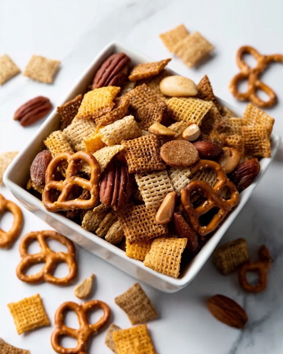 A wooden round bowl filled with a snack mix made up of yellow square cereal pieces, small pretzels in brown color, and twisted crispy snacks in a light orange shade. The bowl is on a white marbled surface, next to a folded blue cloth. In the background, there is another small wooden bowl filled with similar snack pieces. The textures look crunchy and dry. Photo taken with an iphone --ar 4:5 --v 7