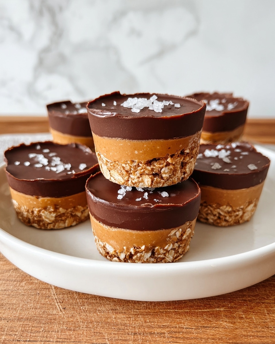 The image shows a stack of three small round treats on a white plate placed on a wooden surface with a white marbled texture background. Each treat has three clear layers: a bottom layer with a rough texture made of light brown oat and nut mix, a middle smooth layer in light tan color that looks creamy, and a top layer of dark brown shiny chocolate sprinkled with white flakes. Around the stack, two more of these treats lie flat on the plate, showing the same layers clearly. The photo taken with an iphone --ar 4:5 --v 7