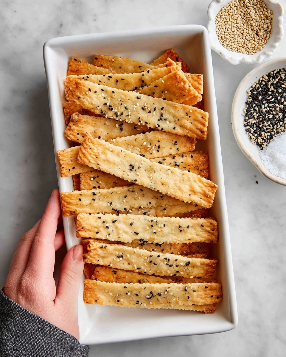 A white rectangular dish lined with white parchment paper holds several long, thin, crispy crackers with slightly wavy edges. The crackers are golden brown, sprinkled with a mix of black and white sesame seeds and some coarse salt, giving them a textured surface. A woman's hand is gently holding the dish on the left side. Around the dish, on a white marbled surface, there is a small white bowl filled with an everything-seasoning mix, a white bowl with salt, and a white plate with a spread of soft cheese on the upper right side. A black and white striped cloth is partly visible under the dish on the left side. Photo taken with an iphone --ar 4:5 --v 7