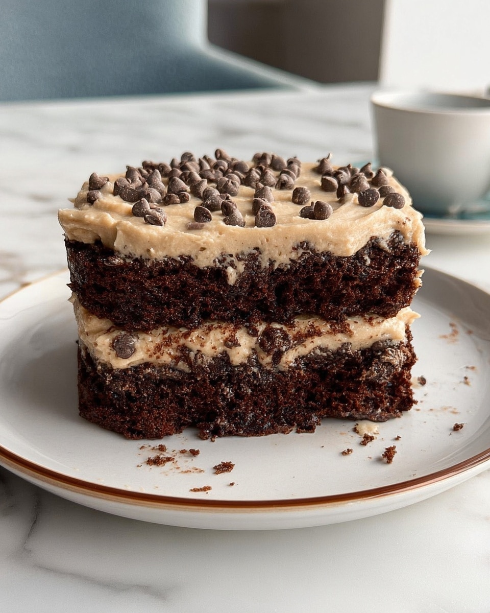 A two-layer chocolate cake square sits on a white plate with a thin gold rim over a white marbled surface; the bottom layer is rich, dark brown chocolate cake, topped with a thick layer of light beige frosting with tiny chocolate chips mixed in, and a second dark brown chocolate cake layer sits above the frosting; the cake is partially eaten with a gold fork holding a bite-sized piece in front, showing moist, textured chocolate cake with a streak of light beige frosting running through it; soft natural light comes from a nearby window, giving the cake a warm, inviting look. photo taken with an iphone --ar 4:5 --v 7