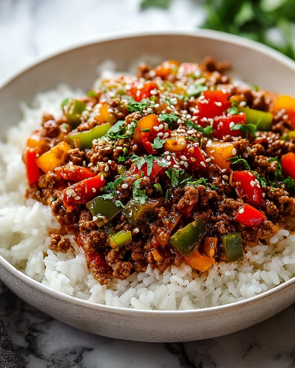 A close-up view of a white ceramic bowl filled with cooked white rice as the base layer, topped with a thick layer of ground meat mixed with diced red, yellow, and green bell peppers. The meat mixture is covered in a glossy brown sauce, with scattered bright green chopped herbs on top. The bowl sits on a wooden surface with chopsticks resting beside it, and the background features a softly blurred white marbled texture. photo taken with an iphone --ar 4:5 --v 7