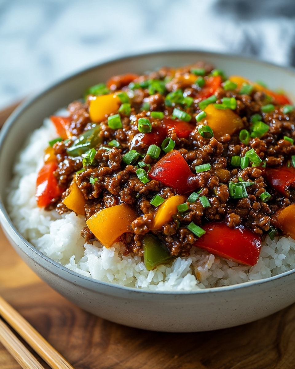A white bowl filled with a base layer of fluffy white rice topped with a thick layer of cooked ground meat mixed with vibrant diced bell peppers in red, green, and yellow colors. The meat and peppers appear glazed with a shiny sauce and are sprinkled with white sesame seeds and finely chopped fresh green herbs. The bowl sits on a white marbled surface with some blurred greenery in the background. photo taken with an iphone --ar 4:5 --v 7