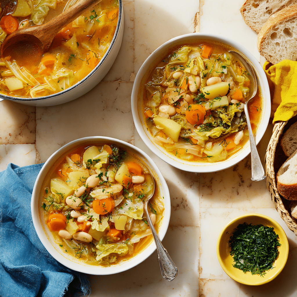 Two white bowls of vegetable soup sit on a white marbled tile table. Each bowl contains a mix of diced orange carrots, pale yellow potatoes, cabbage pieces, white beans, and small bits of tomato in a light orange broth, topped with chopped green herbs and a small sprig of fennel. One bowl has a spoon inside resting on a folded blue cloth napkin, while the other spoon lies next to its bowl. Nearby, a metal pot filled with the same soup has a wooden spoon resting on its edge. To the side, a white basket holds rustic bread slices draped with a mustard yellow cloth, and a small yellow bowl filled with more chopped herbs sits next to the bread. The whole setting is bright and well lit. photo taken with an iphone --ar 4:5 --v 7