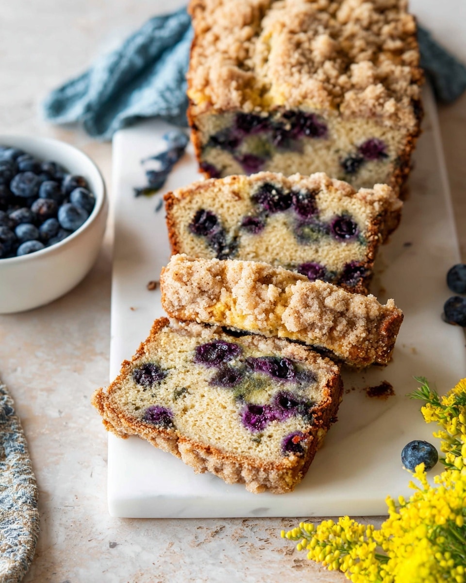 A thick slice of crumb-topped blueberry cake sits on a white marbled surface, showing one layer with a golden-brown crunchy crumb topping. Inside, the moist, light beige cake is speckled with dark blue and purple blueberries scattered throughout, adding a pop of color. The crumb topping has a rough texture, covering the top and edges. A few fresh blueberries lie near the base on the white marbled surface. photo taken with an iphone --ar 4:5 --v 7