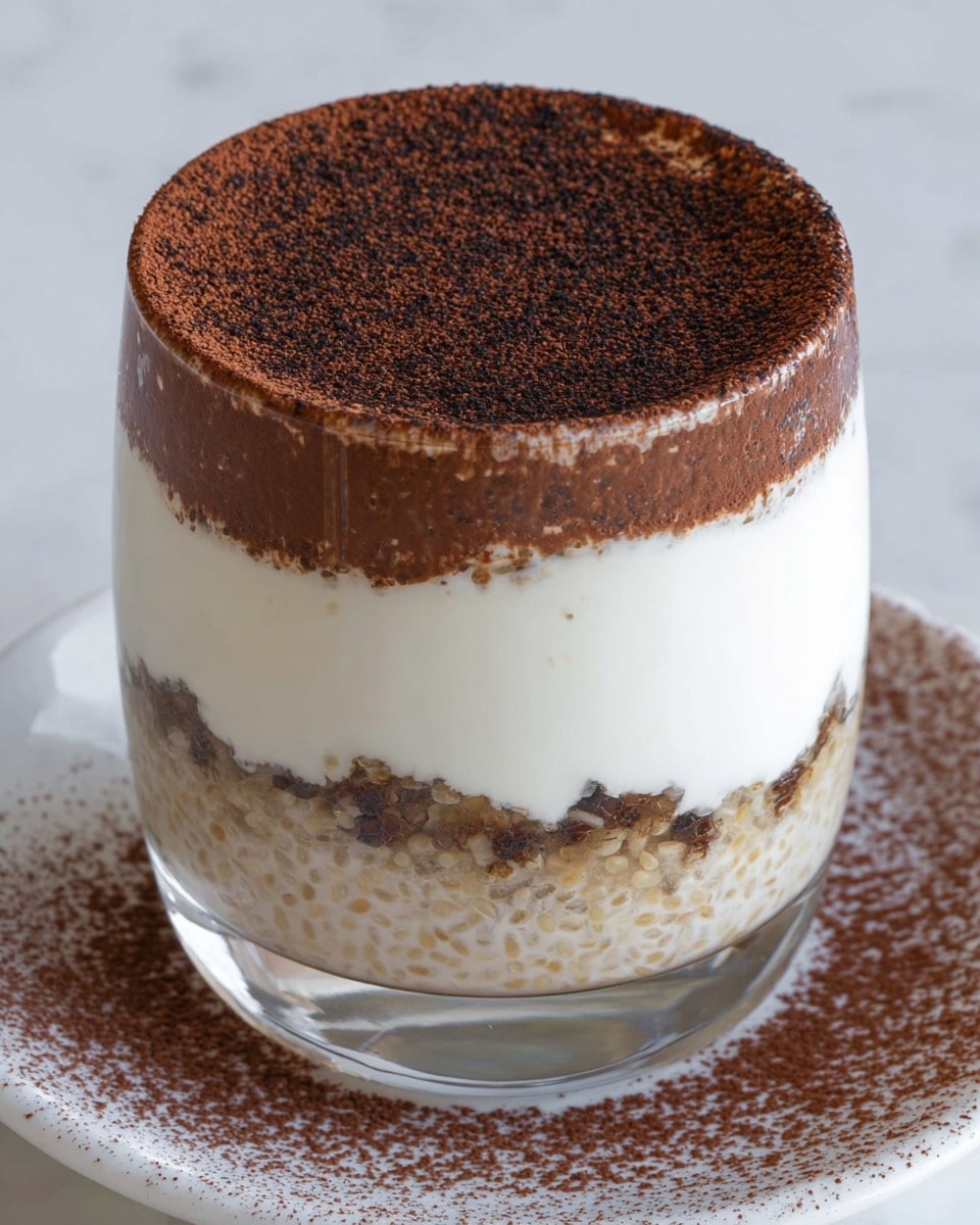 A clear glass holds a layered dessert with four visible layers. The bottom layer is a thick, textured light brown mixture with small dark specks, followed by a smooth, creamy white layer above it. Next is another thin band of the light brown mixture with dark specks, and finally topped with a thick, smooth white cream layer. The very top is covered with a generous, even dusting of fine dark cocoa powder. The glass is placed on a white plate with a white marbled texture, and there is cocoa powder sprinkled around its base on the plate. Photo taken with an iphone --ar 4:5 --v 7