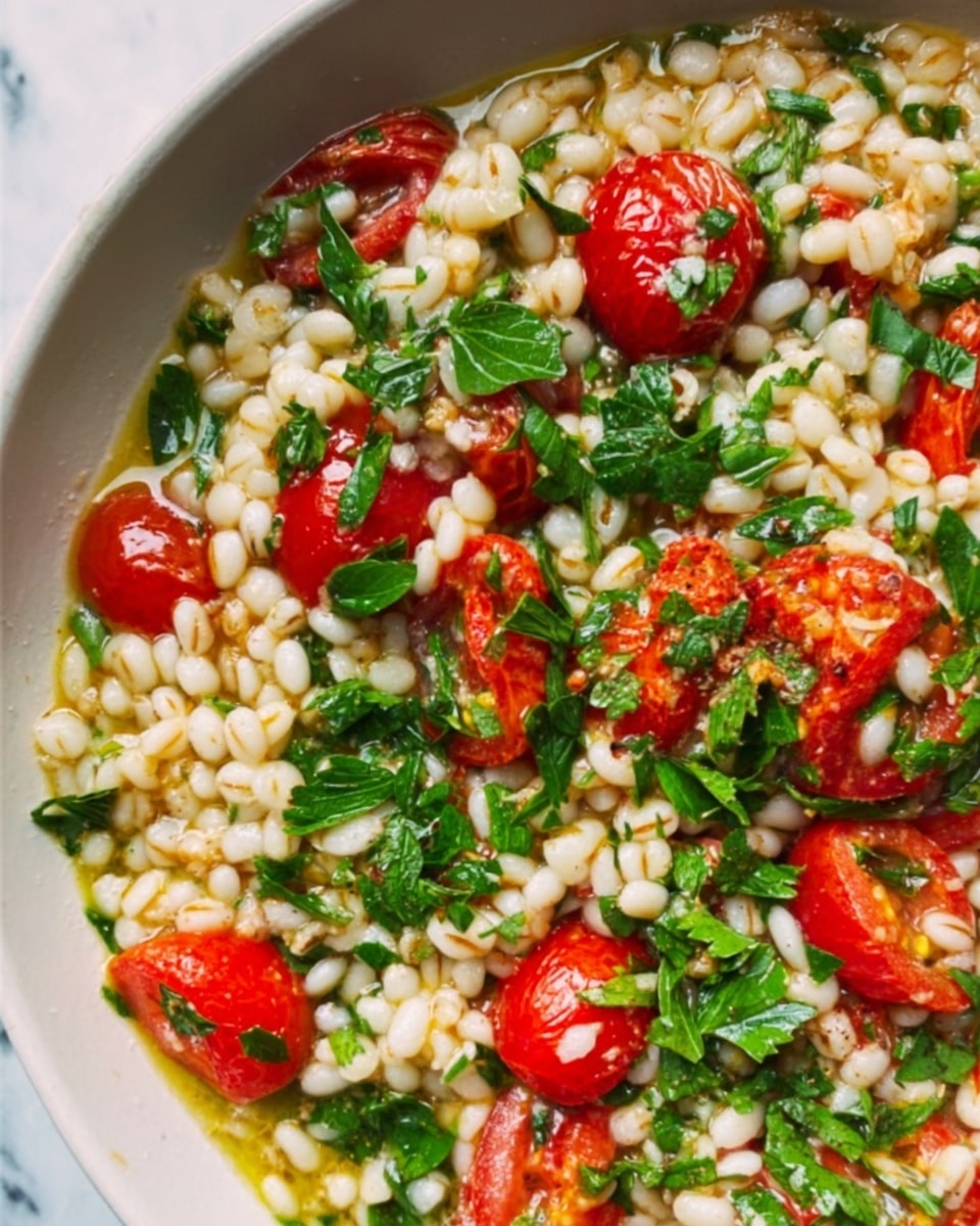A close-up top view of a white bowl filled with a stew of white beans mixed with bright red cherry tomatoes and fresh green herbs scattered on top. The beans create a creamy beige base with a slightly oily texture, while the tomatoes are soft and juicy with some halved, showing their fleshy insides. The green herbs add fresh vibrant color, contrasting with the warm tones of the beans and tomatoes. The bowl sits on a white marbled surface. Photo taken with an iphone --ar 4:5 --v 7