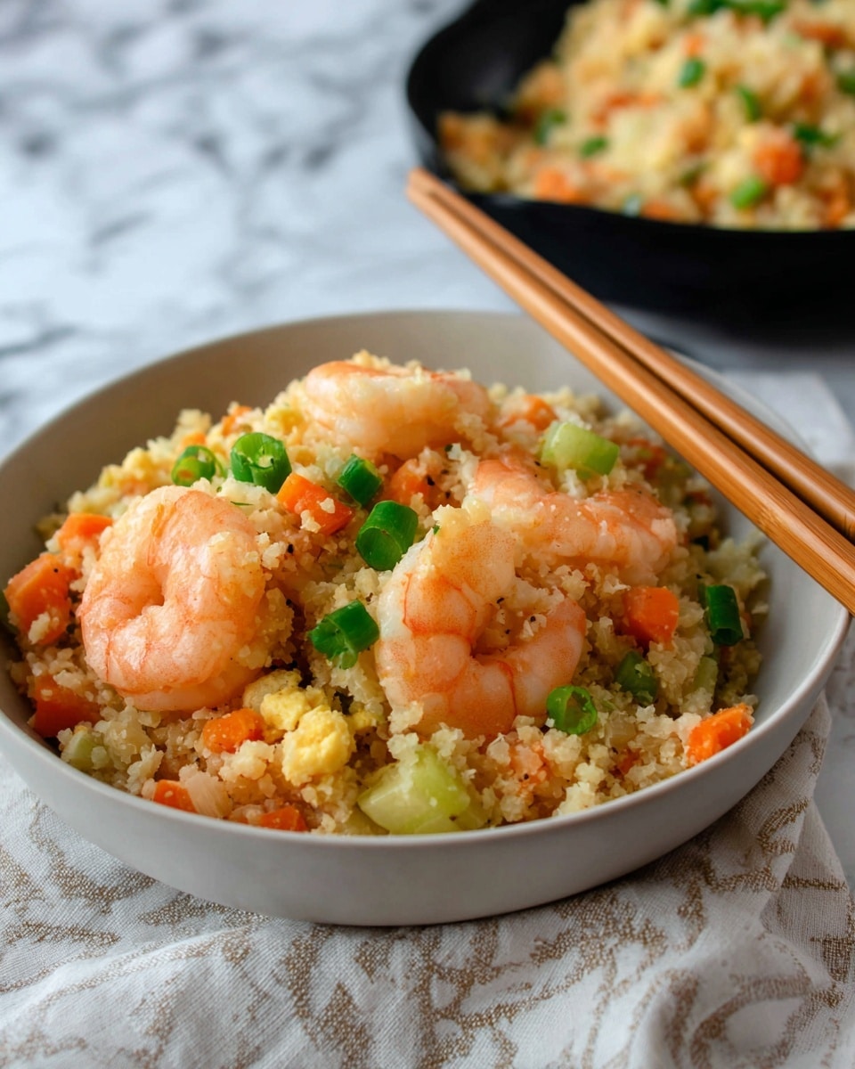 A close-up of a bowl of shrimp fried rice with three visible layers: the bottom is white cauliflower rice with a fine, grainy texture; the middle layer has small, diced bright orange carrots and light green celery pieces mixed throughout; the top layer features several pink-orange cooked shrimp, garnished with small chopped green onions scattered on top. The dish is served in a white bowl with a smooth, matte texture. A pair of wooden chopsticks rest on the bowl’s edge, all on a white marbled surface with a soft patterned cloth underneath. Photo taken with an iphone --ar 4:5 --v 7