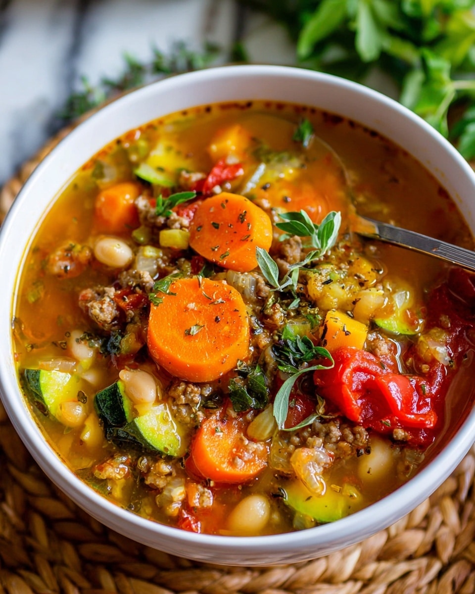 A close-up view of a spoonful of vegetable soup showing one layer of orange carrot slices, green zucchini slices with soft edges, chunks of red cooked tomato, and light brown ground meat mixed with small white beans; the background is filled with more soup containing yellow squash, carrot pieces, and bits of herbs in a clear broth, all set against a white marbled surface. photo taken with an iphone --ar 4:5 --v 7