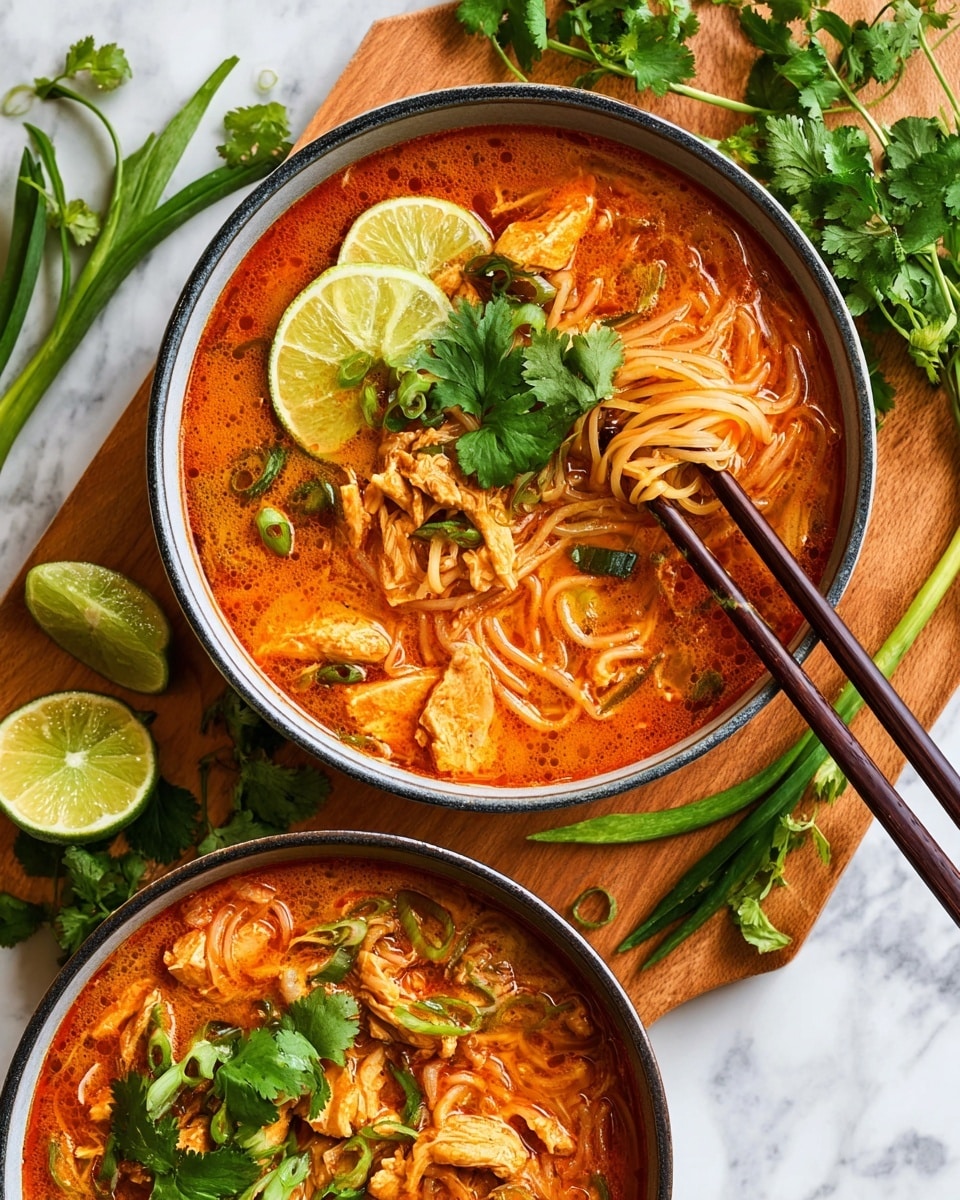 Two bowls filled with chicken noodle soup sit on a white marbled surface; the bowls are dark gray and round. The soup has a rich orange broth with pieces of tender cooked chicken and thin noodles visible just below the surface. Each bowl is topped with bright green chopped green onions on one side and fresh cilantro leaves placed in the center. Lime wedges are arranged on the edges of the bowls, adding a pop of green and yellow. In one bowl, a pair of wooden chopsticks holds up a small bundle of noodles from the soup. Around the bowls, fresh green onions, lime wedges, and cilantro sprigs rest on a wooden board on the white marbled surface. photo taken with an iphone --ar 4:5 --v 7