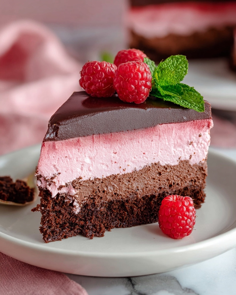 A slice of three-layer dessert sits on a white plate with a shiny silver fork beside it. The bottom layer is dark brown and looks like moist chocolate cake with a rough texture. The middle layer is thick, light pink, and creamy with a soft, airy texture. The top layer is a smooth, dark chocolate glaze that shines under the light. On top of the slice, there are two bright red raspberries and a small fresh green mint leaf. The plate is placed on a pink surface with a white marbled texture in the background. Photo taken with an iphone --ar 4:5 --v 7