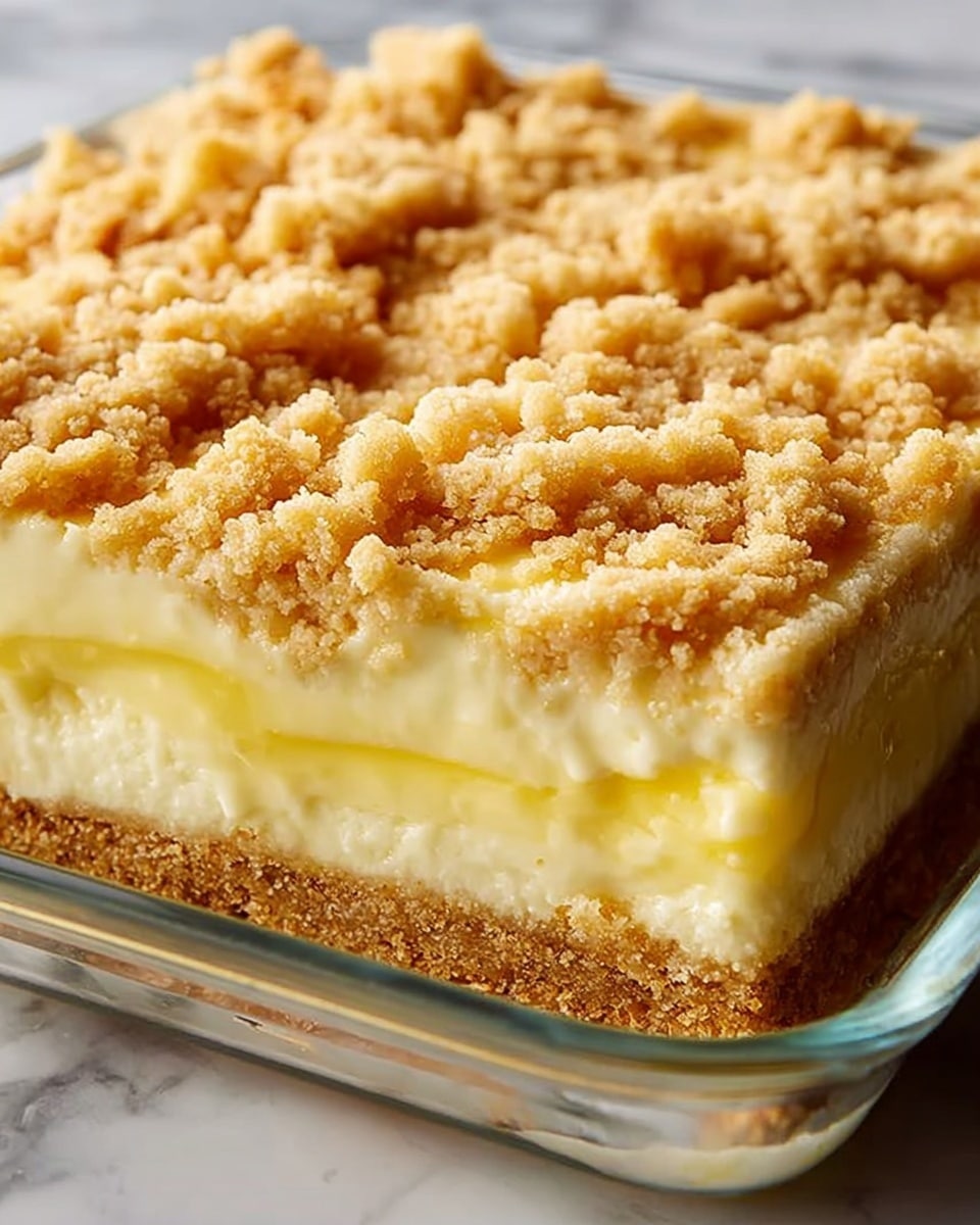A close-up view of a square layered dessert in a clear glass baking dish, placed on a white marbled surface. The dessert has three visible layers: the bottom layer is a light brown crumbly crust, the middle layer is thick and creamy with a smooth, pale yellow color, and the top layer is a crumbly streusel with a golden brown color, unevenly spread to show the creamy layer beneath in some areas. The edges have a slightly raised crust that is also crumbly and golden. The photo taken with an iphone --ar 4:5 --v 7