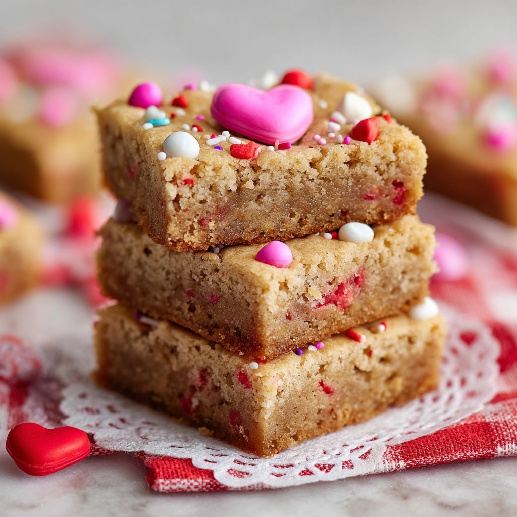 A stack of four thick, square blondie bars sits on a white doily over a red and white checkered cloth on a white marbled surface. Each blondie bar is light golden brown with visible bits of red candy pieces spread evenly throughout the dough. The top blondie has a small heart-shaped milk chocolate piece in the center, covered with small pink, white, and red round sprinkles. Around the heart chocolate piece, colorful candy-coated chocolate pieces in pink, white, and red are pressed into the blondie surface, adding pops of color. The texture is dense but soft with rough edges and a slightly crumbly top. Photo taken with an iphone --ar 4:5 --v 7