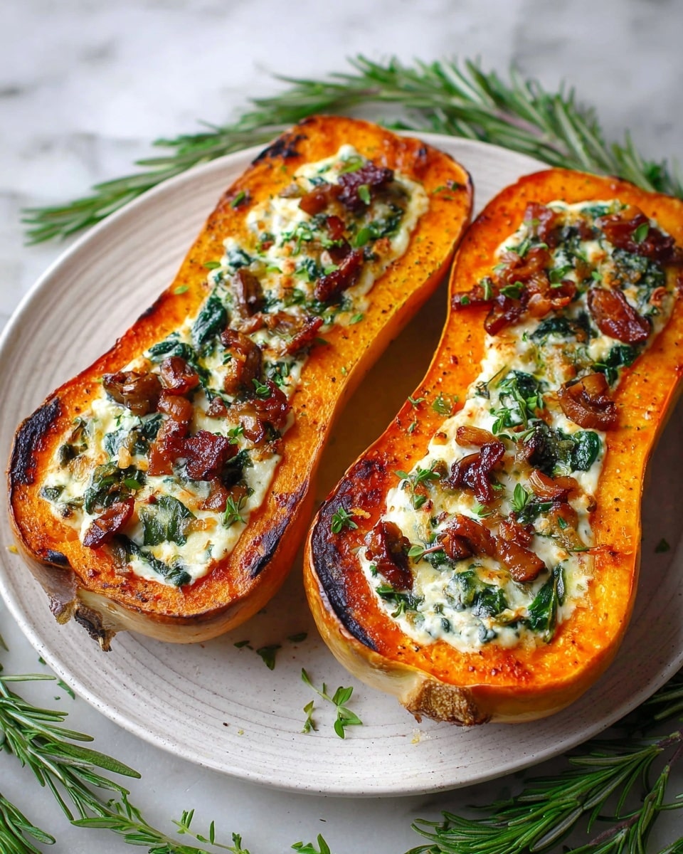 Two halved butternut squash are roasted and placed side by side on a white plate with a subtle pattern. Each squash half has a bright orange base with slightly charred edges. The middle part is filled with creamy white ricotta cheese mixed with wilted green spinach and topped with browned, crispy pieces resembling bacon or mushrooms, creating a textured mix. Small green herb leaves are sprinkled over the squash, adding a fresh finish. Around the plate, green rosemary sprigs lie on a white marbled surface, enhancing the natural look. Photo taken with an iphone --ar 4:5 --v 7