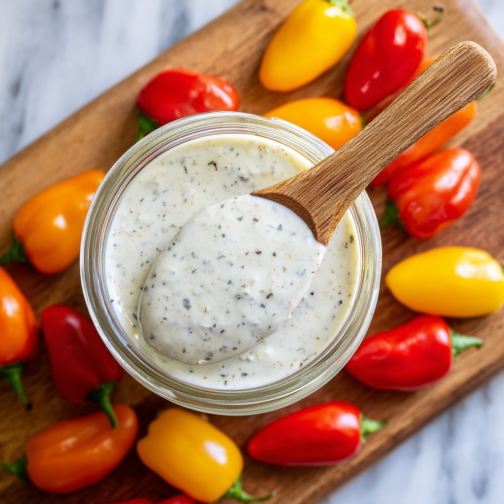 A close-up top view of a clear jar filled with creamy white ranch dressing speckled with small dark herbs, with a white spoon covered in the dressing resting inside the jar; the jar sits on a wooden surface surrounded by bright red, yellow, and orange mini sweet peppers scattered around it, all against a white marbled textured background. photo taken with an iphone --ar 4:5 --v 7
