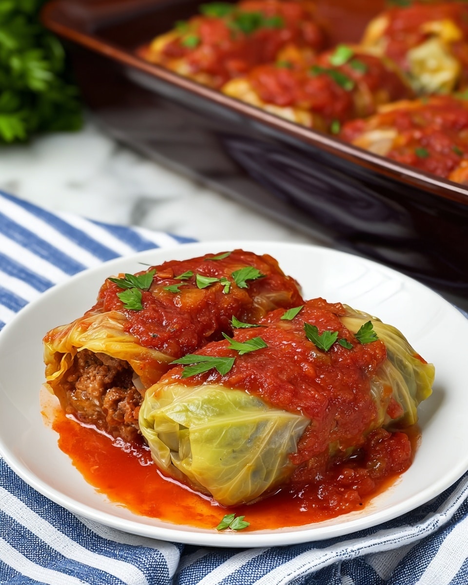 This image shows six cooked cabbage rolls in a black tray resting on a white marbled surface. Each cabbage roll is wrapped tightly with pale green cabbage leaves, with visible veins and some slightly browned edges. The rolls are generously covered with a thick layer of bright red tomato sauce and melted cheese that is golden brown in some areas. Fresh chopped green herbs are sprinkled on top, adding a fresh pop of color. The rolls are closely packed, with sauce pooling around the bottom edges. The background includes a glimpse of fresh green leaves out of focus. Photo taken with an iphone --ar 4:5 --v 7