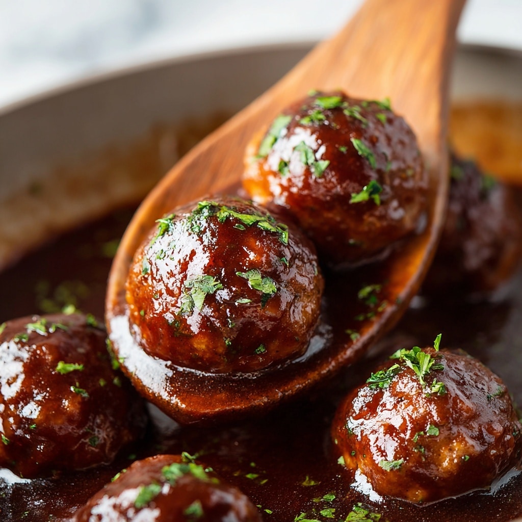 A close-up view of four shiny meatballs covered in a thick, glossy brown sauce, sitting closely packed on a wooden spoon. The meatballs have a smooth texture with some small irregularities, and the sauce gives a rich, moist look with highlights reflecting light. In the blurred background, more meatballs covered in the same dark sauce fill a pan. The whole scene is set against a white marbled texture. photo taken with an iphone --ar 4:5 --v 7