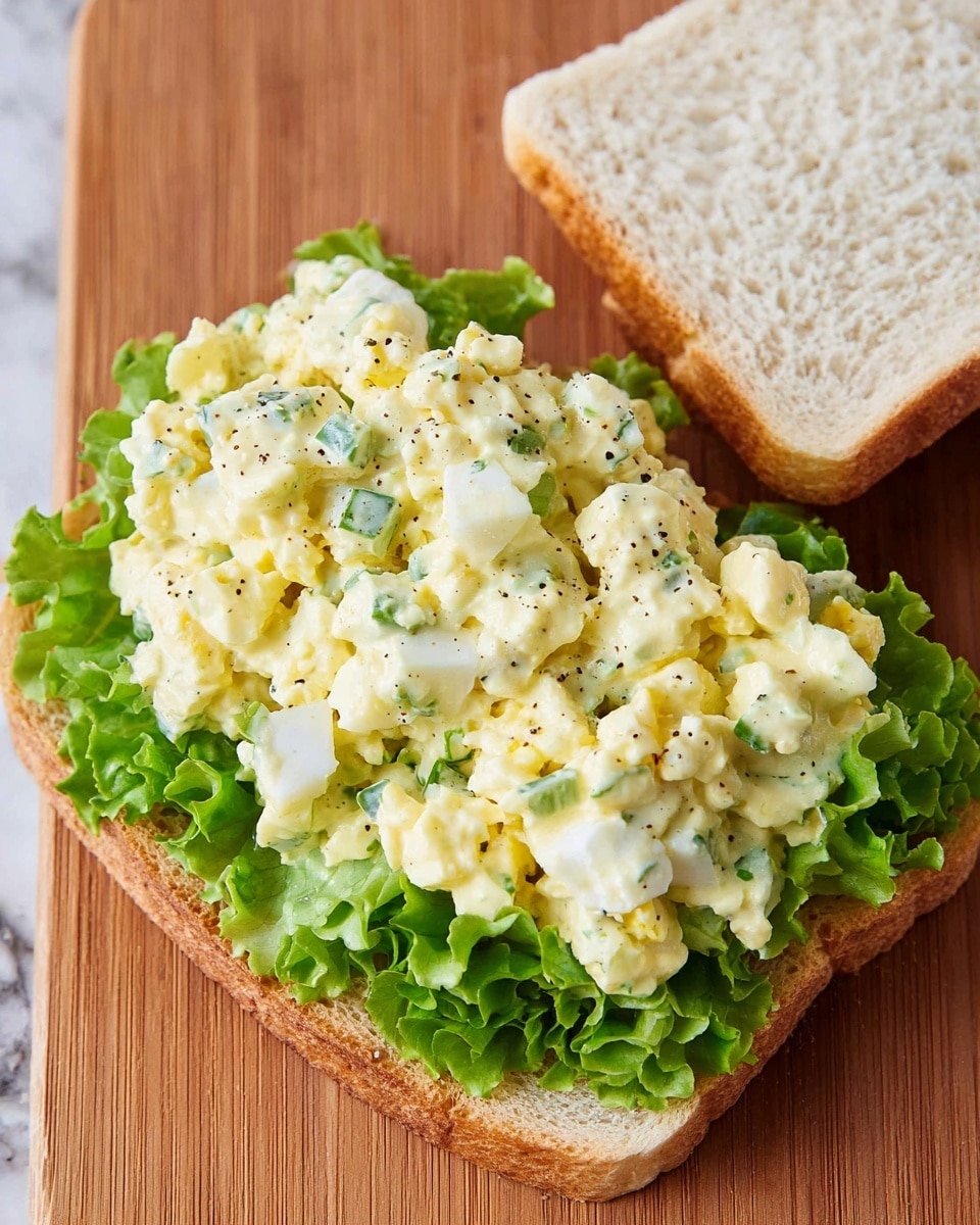 An open egg salad sandwich is shown on a wooden board with a white marbled texture background. The sandwich has two layers of plain white sandwich bread, with the top slice placed to the side. On the bottom slice, there are several curly green lettuce leaves creating a leafy, textured base layer, covering the entire slice. On top of the lettuce is a thick, uneven layer of creamy egg salad mixed with chopped celery and herbs, with visible small chunks of yellow egg yolk and white egg whites, speckled with black pepper. The overall look is fresh and slightly messy, showing a homemade feel. Photo taken with an iphone --ar 4:5 --v 7