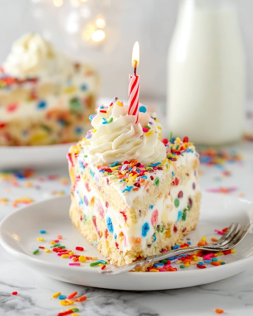 A slice of colorful cake sits on a white plate with a white marbled background. The cake has three layers: a light brown crumbly base, a thick middle layer of creamy white filling mixed with multicolored round sprinkles, and a top layer of smooth white frosting covered with scattered round rainbow sprinkles. On top of the cake is a swirl of white whipped cream with a lit red and white striped candle in the center. Extra sprinkles are scattered around the plate, and a blurred second slice of cake and a milk bottle are visible in the background. Photo taken with an iphone --ar 4:5 --v 7