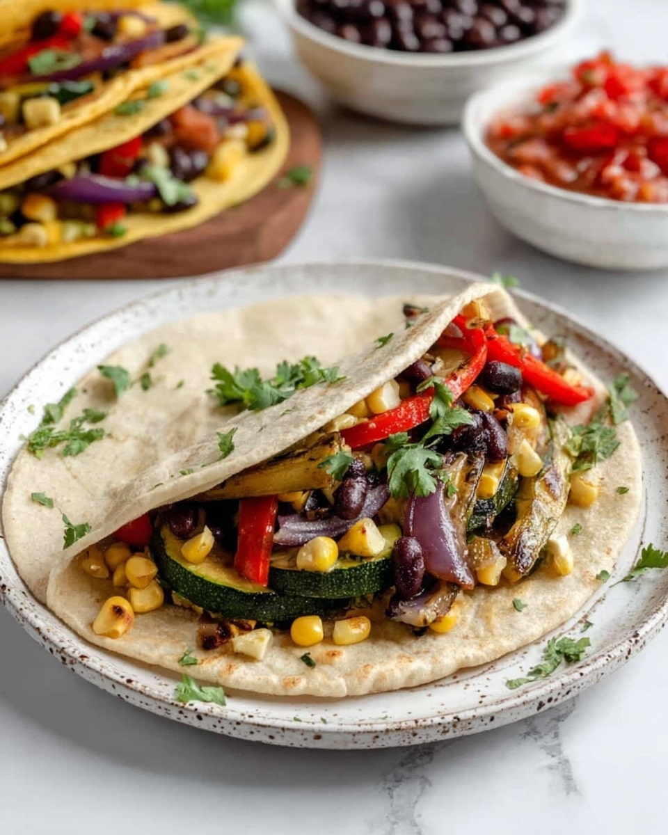 The image shows a white speckled plate on a white marbled surface, holding a soft tortilla wrap with three visible layers: the bottom layer is a light brown tortilla, the middle layer is a mix of grilled vegetables including purple onions, red bell peppers, yellow corn, green zucchini, and black beans, all topped with fresh green chopped cilantro. In the background, two tacos with similar fillings stand upright, showing colorful layers of red peppers, yellow corn, zucchini, and black beans. Nearby, two white bowls sit on the white marbled surface, one filled with black beans and the other with diced red tomatoes and salsa. photo taken with an iphone --ar 4:5 --v 7
