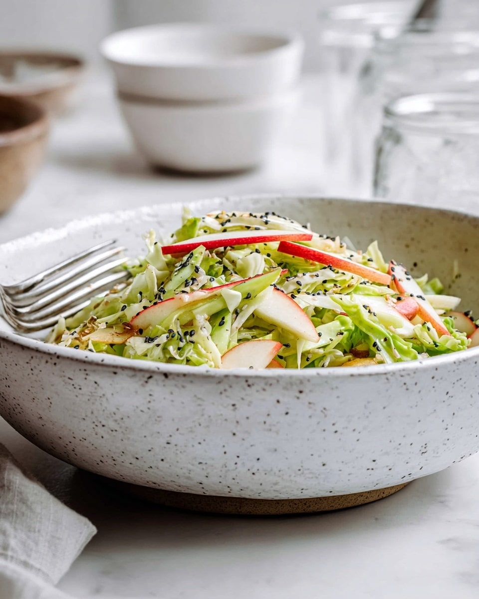 A white speckled bowl holds a fresh layered salad with bright green shredded lettuce and thin slices of pale green cabbage forming the base. Thin slices of red apple with white flesh are scattered throughout, adding vibrant red and white contrasts on top. Small black seeds are sprinkled across the salad, creating a textured look. A silver fork rests inside the bowl on the left side. The background features a soft white marbled surface with blurred white bowls and a glass jar visible in the distance. photo taken with an iphone --ar 4:5 --v 7