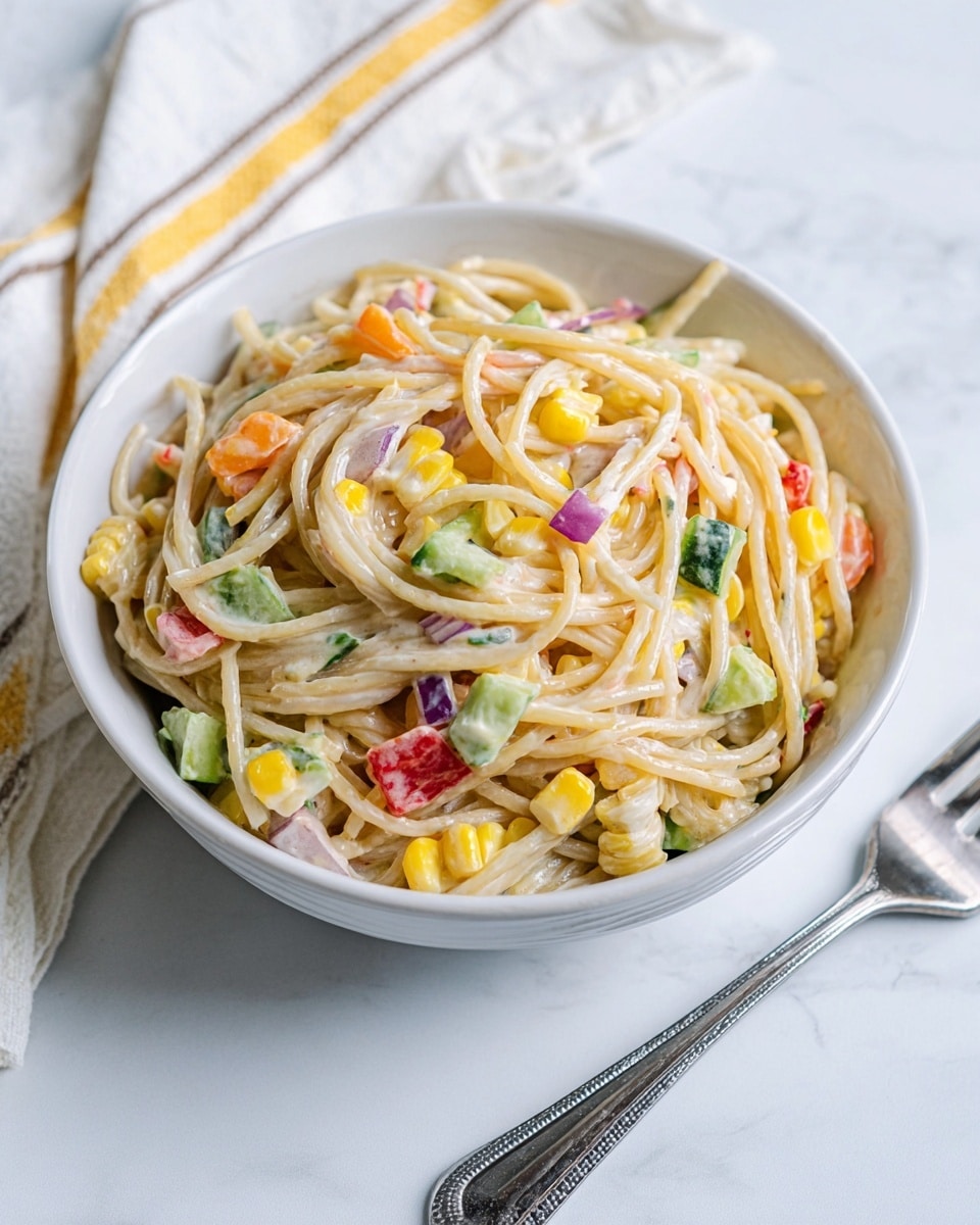 A white bowl filled with creamy spaghetti mixed with layers of diced colorful vegetables including yellow corn, red bell pepper, green cucumber, and purple onion. The spaghetti strands are coated in a smooth, light sauce that looks rich and thick. A woman's hand is holding a silver fork lifting a bite of the spaghetti with visible pieces of the diced vegetables, showing the mix’s texture and freshness. In the background, a glass bowl holds more of the same spaghetti salad, placed on a white marbled surface with a yellow and white cloth nearby. photo taken with an iphone --ar 4:5 --v 7