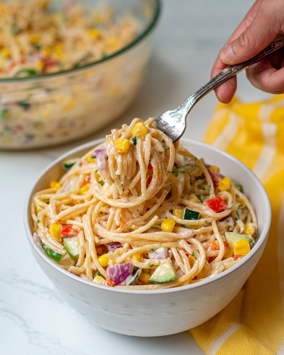 A white bowl filled with creamy spaghetti salad sits on a white marbled surface. The salad has long, pale yellow spaghetti noodles mixed with small pieces of bright yellow corn, light green cucumber chunks, red and green bell pepper bits, and small pieces of purple onion, all coated in a creamy dressing. A silver fork lies next to the bowl on the white marbled surface, and a white towel with yellow stripes is partially visible behind the bowl. photo taken with an iphone --ar 4:5 --v 7
