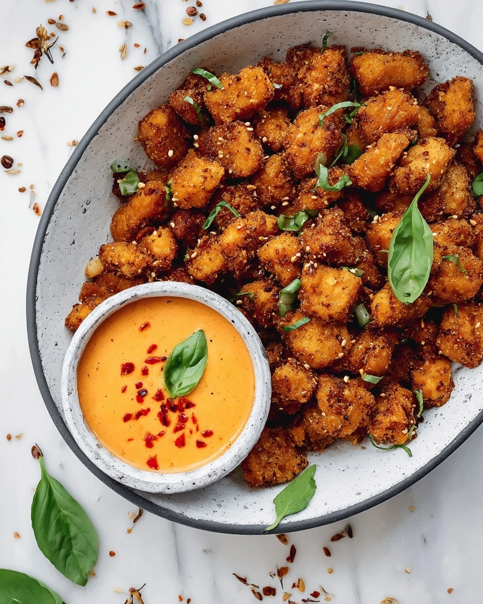 The image shows a white speckled shallow bowl with a dark gray rim filled with crispy golden brown fried bite-sized pieces, sprinkled with small green basil leaves and light brown fennel seeds. On the right side of the bowl, there is a smaller white speckled bowl filled with smooth orange dipping sauce topped with red chili flakes and a single basil leaf. The bowl rests on a white marbled surface scattered with bits of fried pieces and fennel seeds. photo taken with an iphone --ar 4:5 --v 7