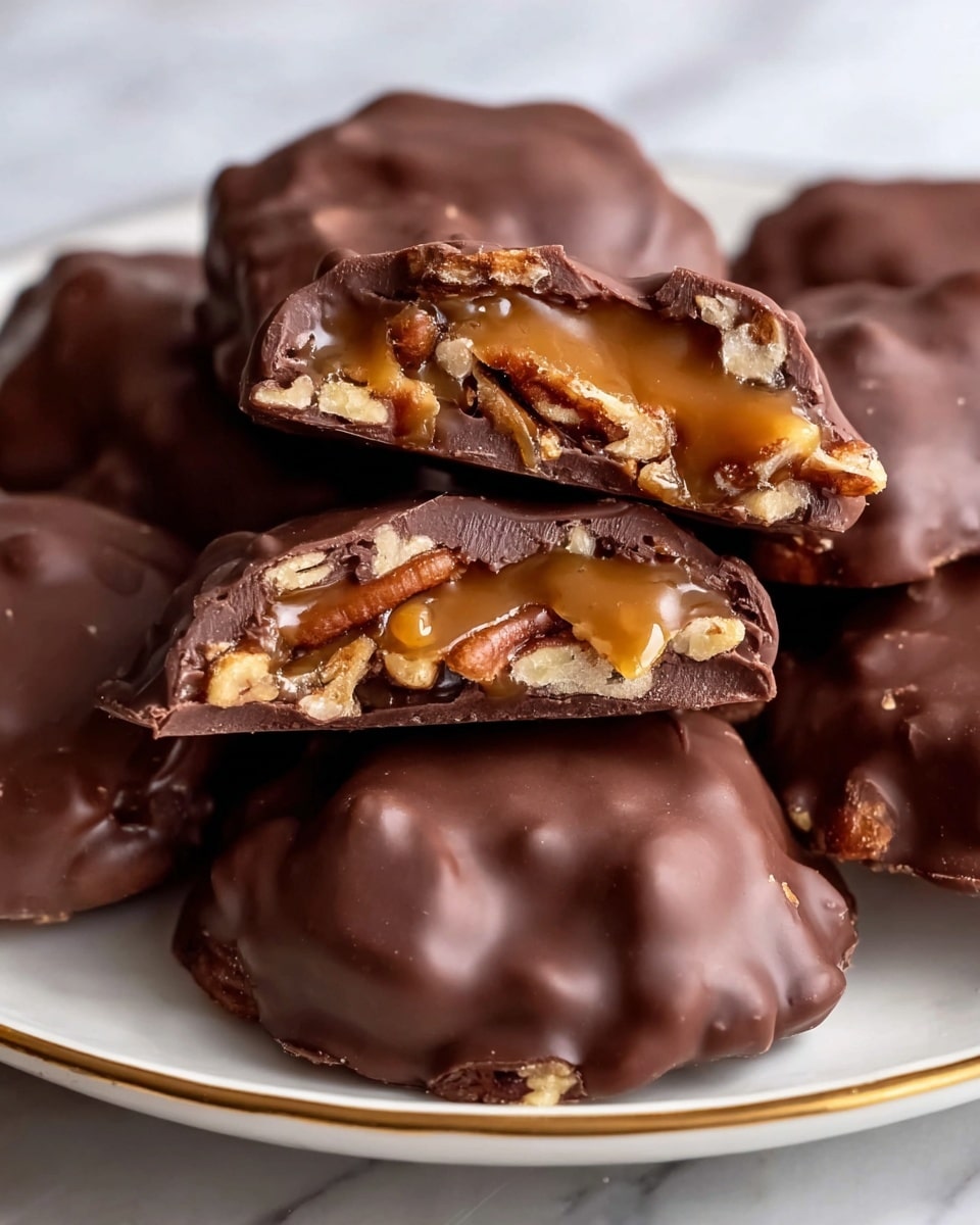 The image shows a close-up of several chocolate-coated clusters placed on a white plate with a gold rim, set on a white marbled surface. One cluster is broken in half, revealing three layers: a glossy dark brown chocolate outer coating, a middle layer of golden caramel that looks soft and gooey, and a top layer filled with roughly chopped light and dark brown pecan nuts inside the caramel. The chocolate coating is smooth with slight uneven bumps, giving a homemade feel. Photo taken with an iphone --ar 4:5 --v 7