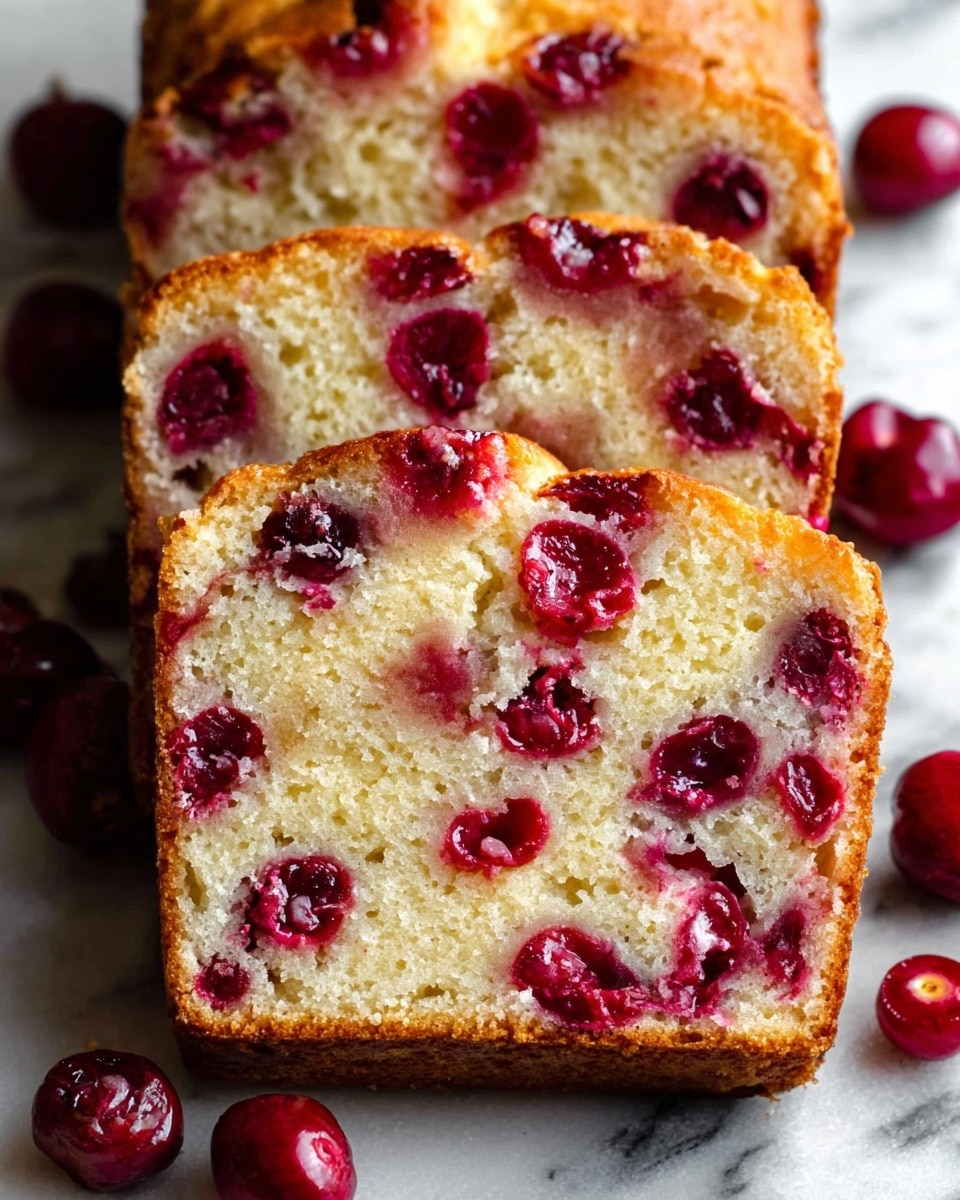 The image shows several slices of a loaf cake with a light yellow crumb, filled evenly with bright red cherries throughout each slice. The cake has a slightly golden-brown crust with a delicate texture. The slices are laid flat side by side on a wooden surface, and a few whole cherries are scattered around the cake. The background is a white marbled texture. photo taken with an iphone --ar 4:5 --v 7