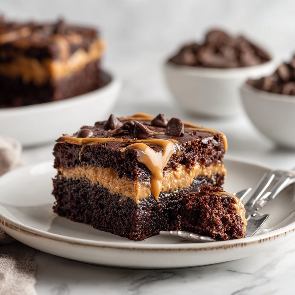 A piece of chocolate cake sits on a white plate with a slightly raised rim, showing three layers: a dark brown moist cake base, a glossy chocolate middle layer, and a thick melted peanut butter drizzle on top with a smooth texture. A silver fork is holding a bite-sized chunk of the chocolate cake from the bottom right side. In the background, there are two white bowls filled with chocolate pieces, all placed on a white marbled surface. photo taken with an iphone --ar 4:5 --v 7