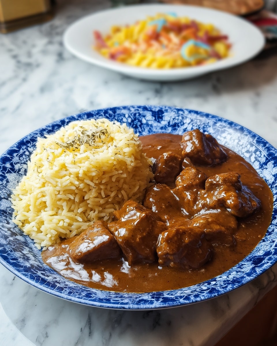 A white plate shows a dish with two main parts: on the left, there is a thick layer of light yellow rice, fluffy and slightly garnished with small green herbs; on the right, there is a rich brown curry sauce with visible chunks of dark brown beef and light brown chicken pieces, some diced red bell pepper, and small bits of onions. The sauce has a glossy texture and is spread thickly, slightly touching the rice. The white marbled surface is faintly visible under the plate. Photo taken with an iphone --ar 4:5 --v 7