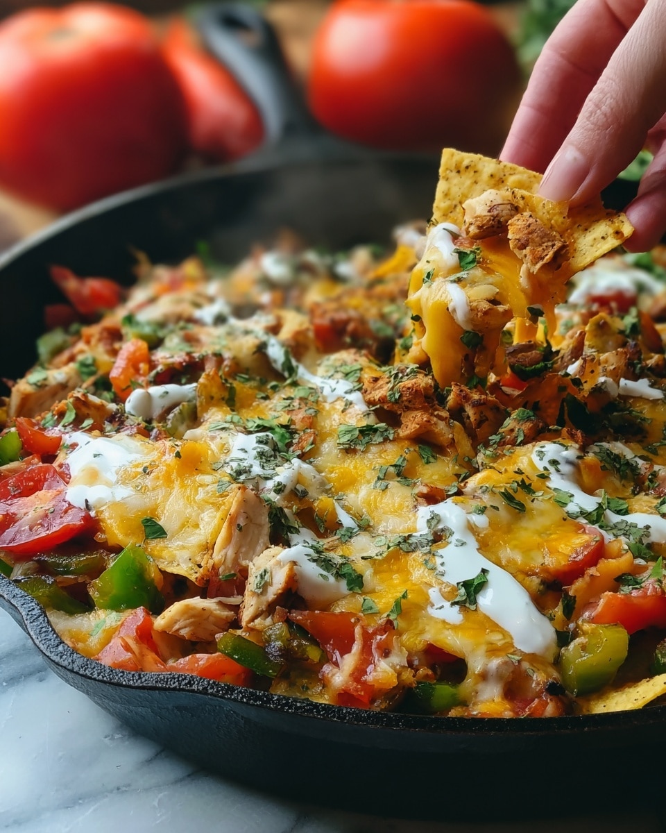 The dish shows a close-up of a skillet filled with colorful layers of cooked food. The bottom layer has green leafy vegetables, followed by soft cooked pieces of chicken or tofu with light brown grill marks. Over this, there are chopped red and green bell peppers, and diced tomatoes adding bright pops of red and green colors. The top layer has melted cheese, mostly yellow cheddar and some white cheese melting and blending with the vegetables, giving a gooey texture. A woman's hand is lifting a cheesy, vegetable-loaded piece from the skillet, showing the melted cheese stretching slightly. The background has soft blurred yellow and orange round shapes, all on a white marbled surface. photo taken with an iphone --ar 4:5 --v 7