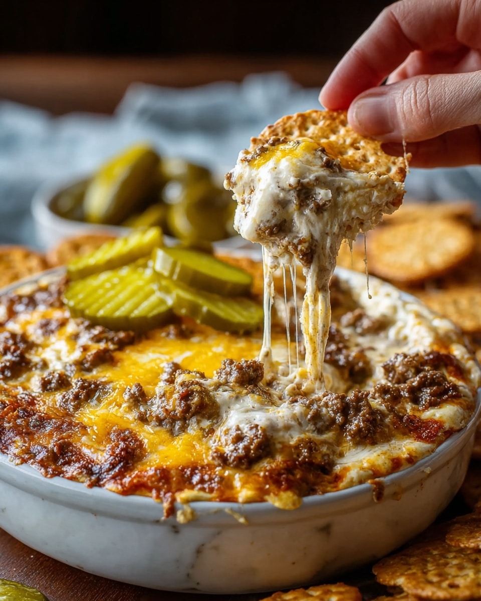 A round white bowl filled with a thick, cheesy dip that has three main layers: the bottom layer is a golden melted cheese with browned spots, the middle layer is a creamy white mixture with chunks of browned ground meat, and the top is scattered with green pickle slices. A cracker lifted by a woman's hand is dipped into the creamy, gooey cheese and meat mix that stretches in strings from the bowl. The bowl sits on a white marbled surface with more crackers and pickles around it. Photo taken with an iphone --ar 4:5 --v 7
