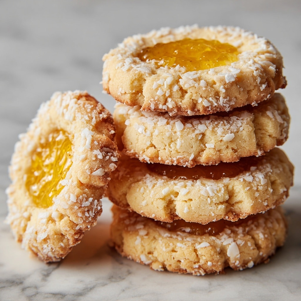 A stack of five round cookies with a crumbly texture sits closely together. Each cookie has a pale yellow color with small white flakes sprinkled all around the edges, giving a slightly rough but soft appearance. The top and bottom cookies have a shiny, bright golden-yellow jam filling placed in the center, creating a smooth and glossy look contrasting with the rough outer edges. The cookies show a lightly browned underside and some visible texture from the flakes on the surface. The photo is taken on a white marbled texture. photo taken with an iphone --ar 4:5 --v 7