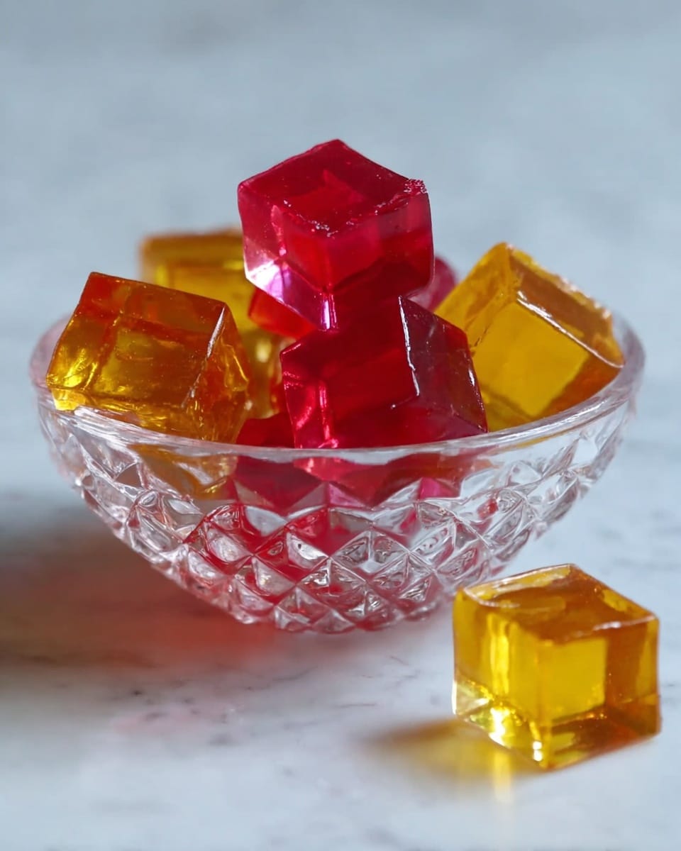 A small clear glass bowl filled with several shiny jelly cubes stacked unevenly. The cubes come in two colors: bright red and orange, with smooth and slightly translucent textures that catch the light. One orange jelly cube sits outside the bowl on the white marbled surface, near the front right. The background is softly blurred with more jelly cubes faintly visible, creating a colorful and fresh look. photo taken with an iphone --ar 4:5 --v 7