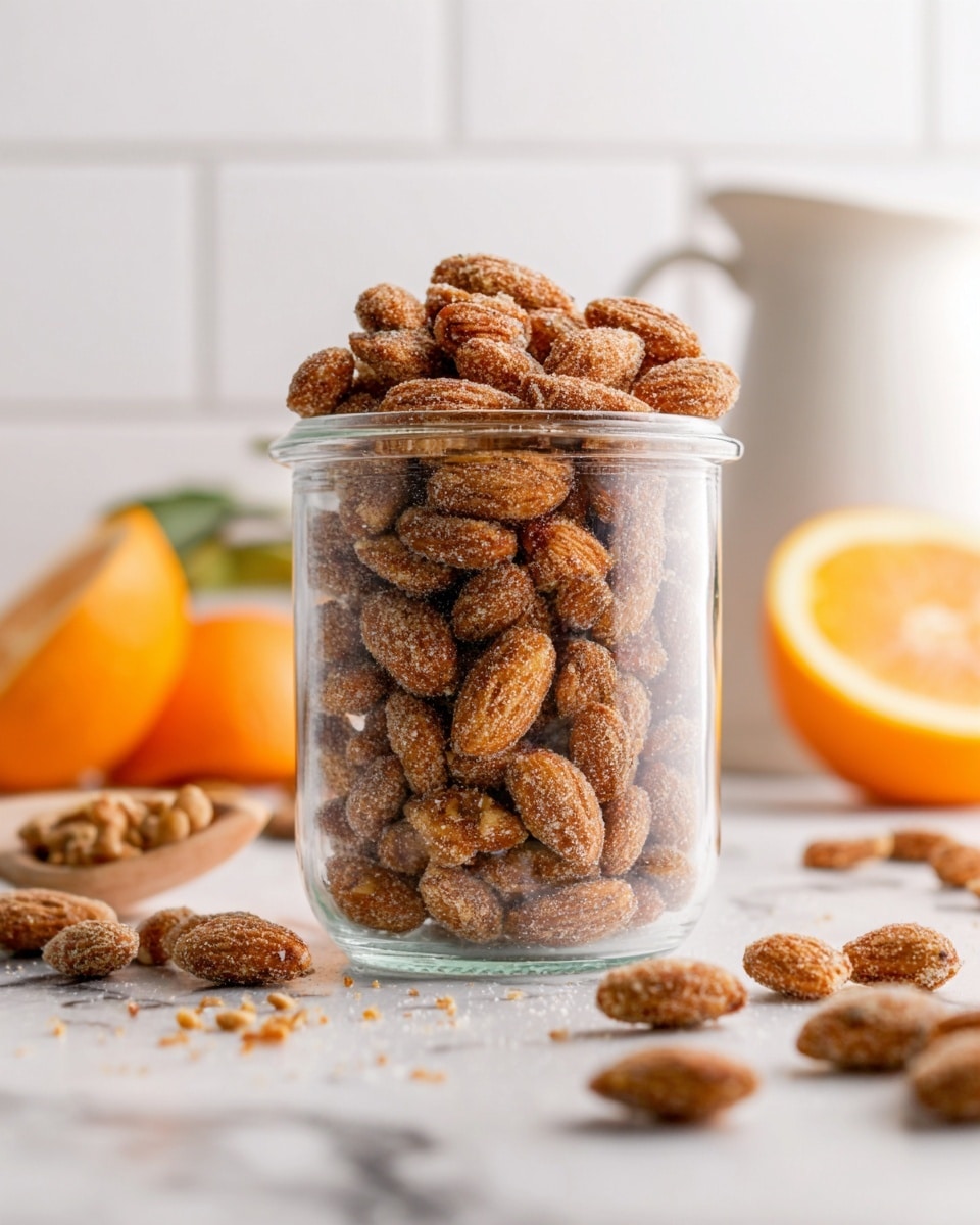 A clear glass jar is filled to the top with light brown, sugar-coated almonds, showing their rough and sugary texture. The jar sits on a white marbled surface with some almonds and crumbs scattered around its base. In the soft-focus background, there is a half-sliced orange and a white pitcher against a white tiled wall, adding bright orange and neutral tones to the scene. The image is bright and clean, capturing the crunchy texture of the almonds in detail. photo taken with an iphone --ar 4:5 --v 7