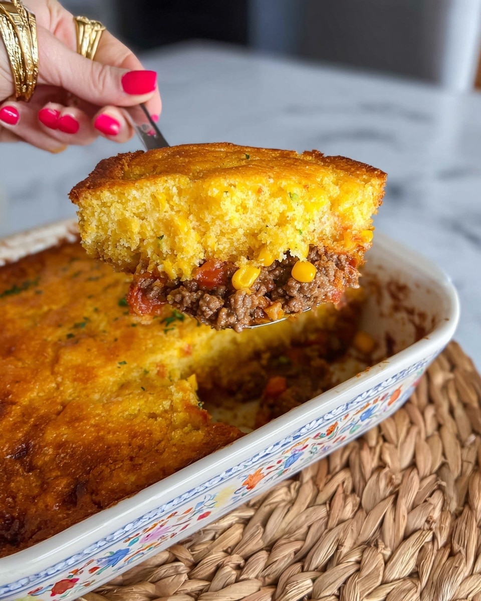 A piece of layered casserole being lifted from a white baking dish. The top layer is golden and slightly crispy with visible corn kernels embedded within a creamy yellow mixture. Below this is a thick layer of cooked ground beef mixed with tomato sauce, showing a rich brown and red color. The slice reveals a clear division between the smooth, golden top and the darker, saucy meat layer underneath. A woman's hand with red-painted nails holds the utensil lifting the slice, all set against a white marbled kitchen background. Photo taken with an iphone --ar 4:5 --v 7