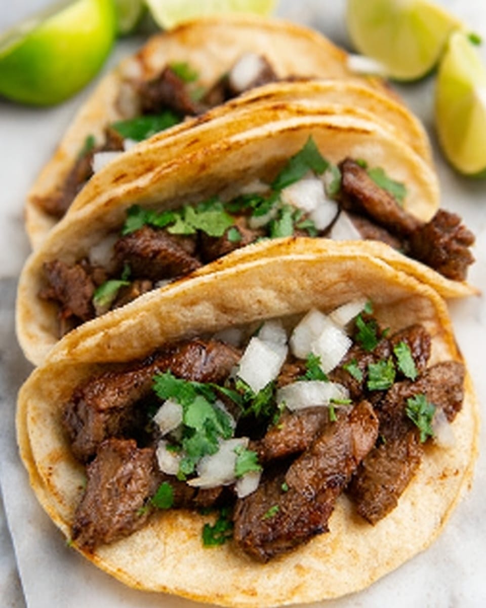 The image shows three soft corn tortillas stacked closely, each filled with small pieces of grilled brown beef. On top of the beef, there are small white onion pieces and green cilantro leaves scattered evenly. The tacos are on a white plate placed on a white marbled surface, and there are two lime wedges visible in the background on the right side. The colors are natural with the yellow tortilla, brown beef, white onion, and green cilantro creating a fresh and vibrant look. The focus is sharp on the front tacos, making the textures of the meat and tortillas clear. Photo taken with an iphone --ar 4:5 --v 7