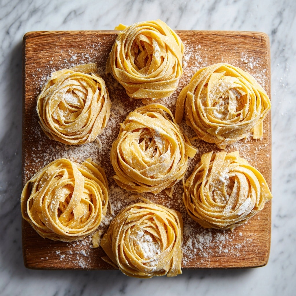 The image shows six nests of fresh pasta dough arranged on a wooden board. Each nest is made of thin, flat, ribbon-like strips of pasta dough coiled tightly in a circular shape. The pasta is a pale yellow color with a slightly rough texture and is dusted with white flour lightly covering the surface and the surrounding board. The wooden board has a natural grain and warm light brown color, with some flour scattered around the pasta nests. The pasta nests are evenly spaced in a loose grid pattern. photo taken with an iphone --ar 4:5 --v 7