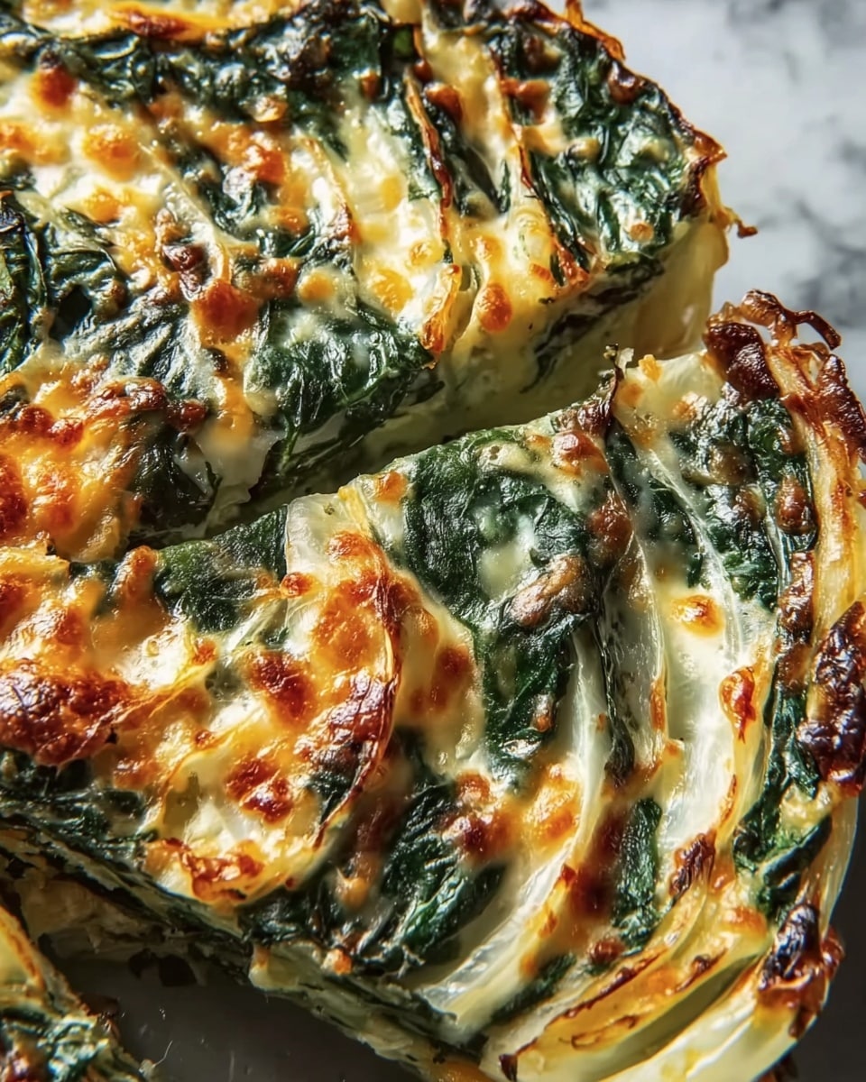 A close-up view of a baked dish with several curved layers, each layer showing a mix of wilted dark green spinach leaves and tender white onion slices. The top is golden brown with melted cheese that is lightly browned and bubbly, covering the layers unevenly. The texture looks soft and moist, with some parts slightly crispy from baking. The dish is set against a white marbled background. photo taken with an iphone --ar 4:5 --v 7