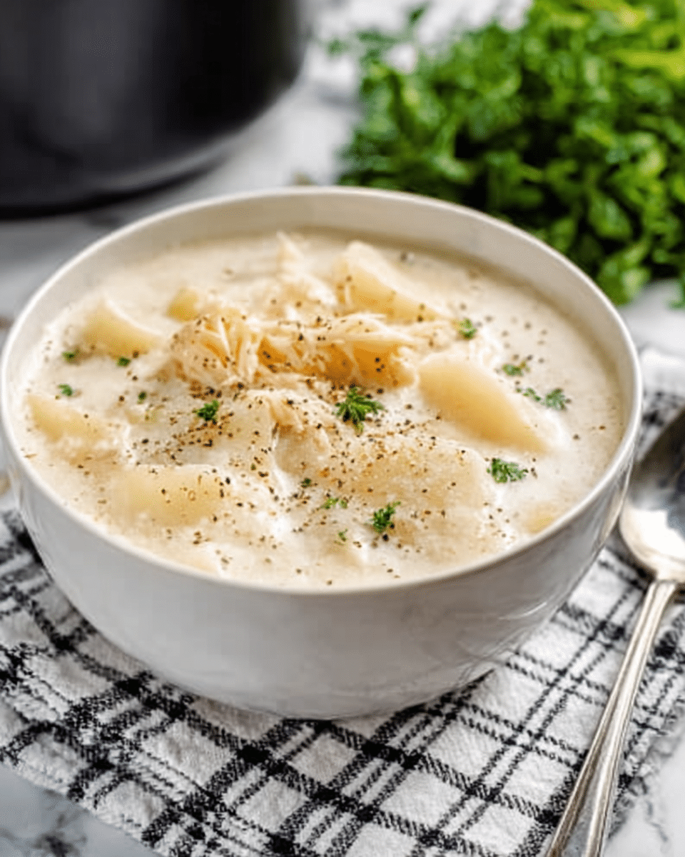 The image shows a close-up of a large ladle lifting a scoop of creamy, light yellow soup from a pot. The soup is smooth and thick, with small chunks of soft noodles or pasta visible throughout. There are specks of black pepper and small herbs on the surface, adding texture and a touch of color. The pot's edge is dark, contrasting with the creamy soup, and the background features a white marbled texture with some blurred green plants in the distance, giving a fresh feel. The ladle is shiny and metallic, positioned at the center. Photo taken with an iphone --ar 4:5 --v 7