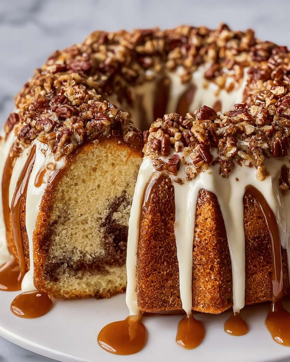 A bundt cake with one visible slice cut, showing a soft, light golden inside with a darker brown swirl in the middle layer. The outside is a rich caramel brown with a textured surface. The top is covered with a thick drizzle of white icing and caramel sauce that flows down the sides in thick streams. On top of the icing, there are many pieces of chopped pecans spread all around. The cake sits on a white plate with caramel sauce pooling underneath, all set on a white marbled texture. Photo taken with an iphone --ar 4:5 --v 7