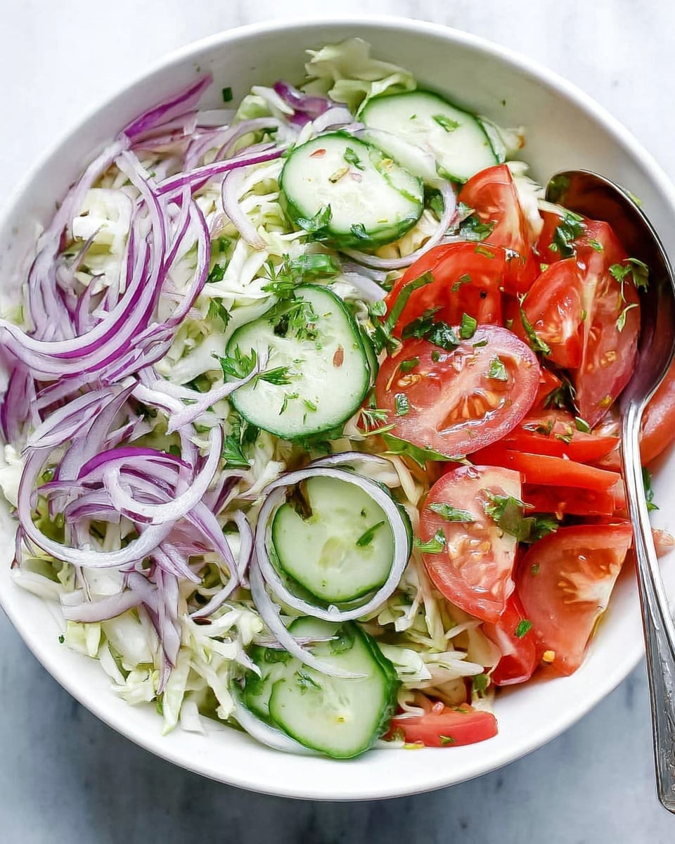 A white bowl filled with a fresh salad showing three main layers: the bottom layer is thin white cabbage strips with a crunchy texture, the middle layer features thinly sliced light green cucumbers arranged evenly, and the top layer has bright red tomato wedges and thin rings of light purple onion scattered all over. Small green herb leaves are sprinkled across the salad, adding a fresh touch. The bowl sits on a white marbled surface and a silver spoon is placed on the right side inside the bowl. Photo taken with an iphone --ar 4:5 --v 7