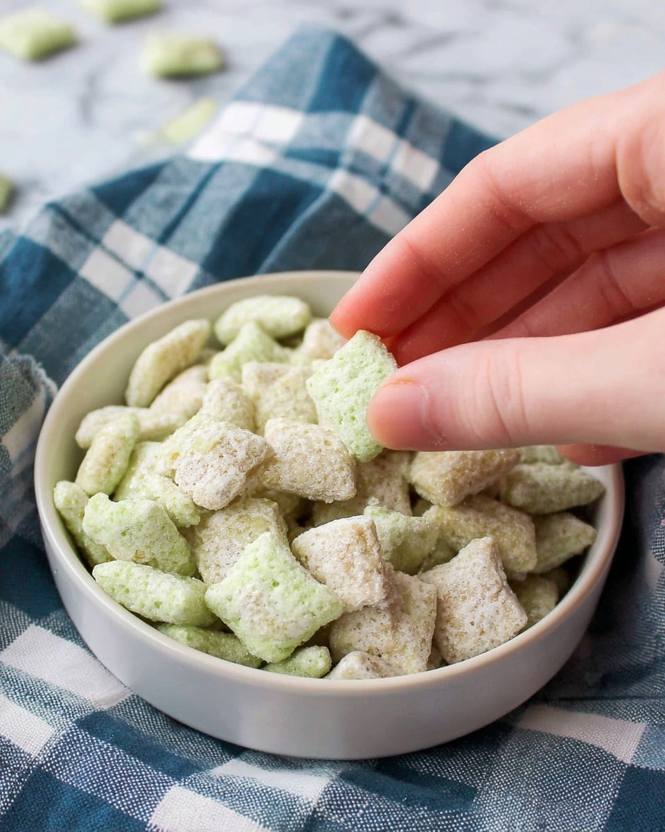 The image shows a white bowl with a dark rim filled with light beige, pillow-shaped cereal pieces that look crunchy and airy. The bowl is placed on a cloth with a white and blue checked pattern, resting on a white marbled surface. In the top corner, a white rectangular dish also contains the same cereal piled up. The cereal pieces have a slightly rough texture with tiny holes, giving them a light and crispy appearance. photo taken with an iphone --ar 4:5 --v 7