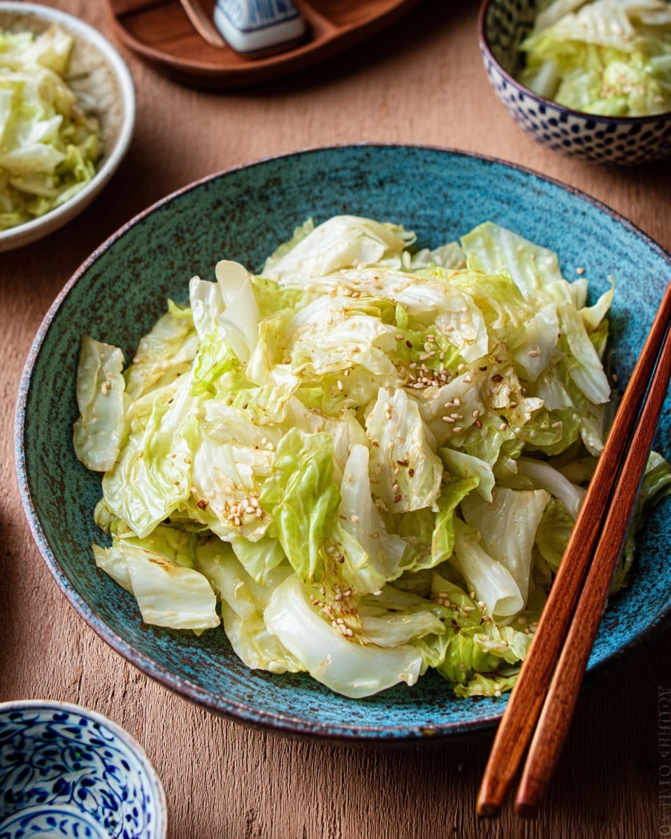 The dish shows a single layer of chopped cooked cabbage that is pale green and white, sprinkled lightly with tan sesame seeds. The cabbage has a slightly soft texture with some browned spots. It is served in a textured, round, blue ceramic bowl. Two brown wooden chopsticks rest on the right edge of the bowl. The bowl is set on a white marbled surface with a wooden utensil and a folded cloth with a white pattern nearby. There is also a part of a white plate with a floral rim and some more cabbage visible in the background. Photo taken with an iphone --ar 4:5 --v 7