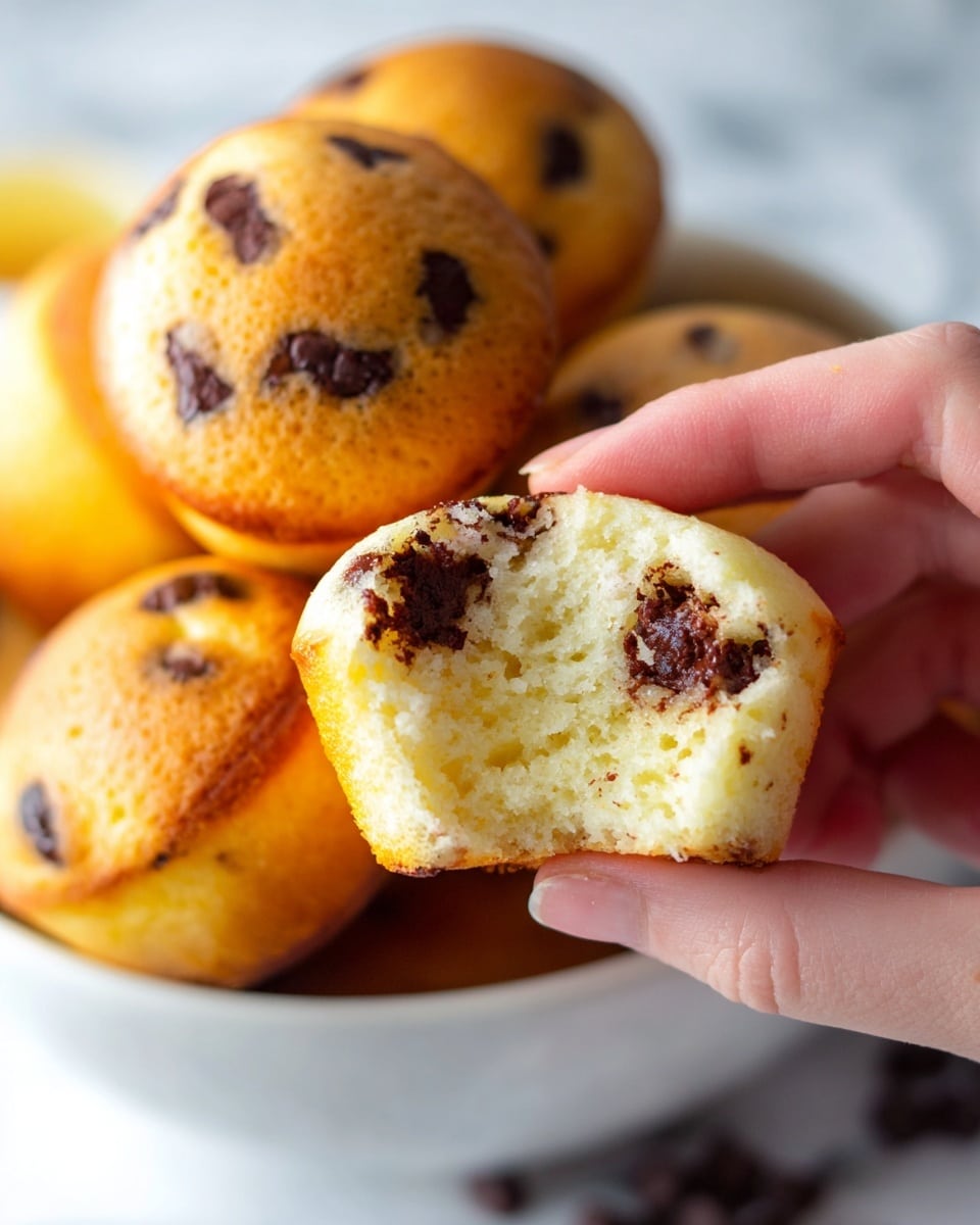 A close-up view of small round baked muffins piled in a white bowl on a white marbled texture, showing smooth golden brown tops with some muffins spotted with dark brown chocolate chips. In the foreground, a woman's hand holds one muffin broken in half to reveal a soft, light-colored crumb with melted chocolate swirled inside. The muffins have a slightly shiny, smooth texture with a fluffy interior and uneven chocolate patterns. Photo taken with an iphone --ar 4:5 --v 7